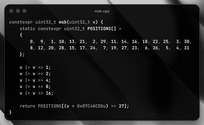 A msb.cpp code snippet: a constexpr positions[] lookup table, a sequence of shift-or operations on v, and a final return positions[(v * 0x8CACDU) >> 27]